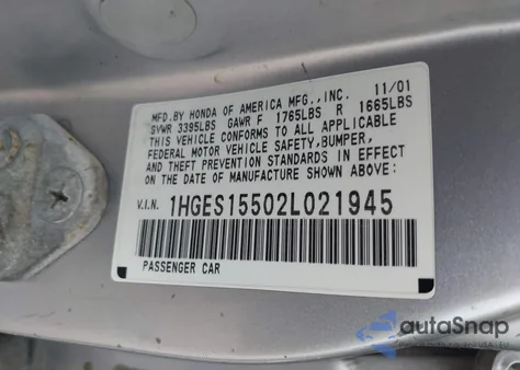 2002 Honda Civic Lx из США, поврежденный, VIN 1HGES15502L021945